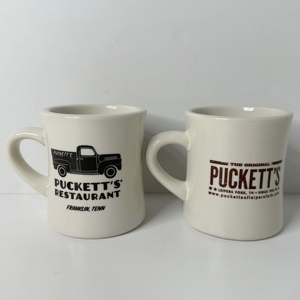 2 Pucketts Restaurant Coffee Mugs Franklin Leipers Fork TN M-Ware Diner Style
